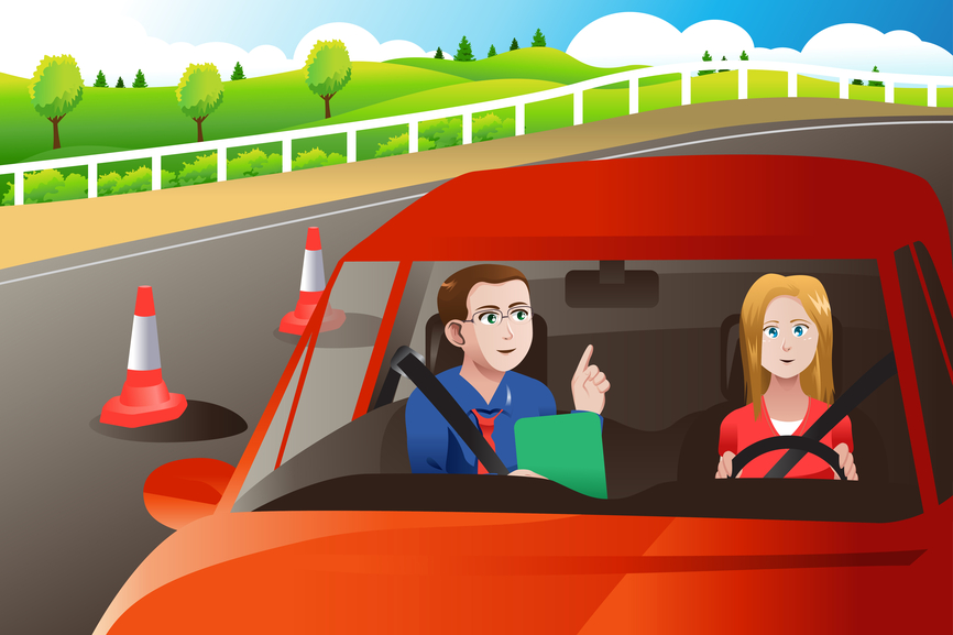 A vector illustration of teenager in a road driving test with an adult inspector
